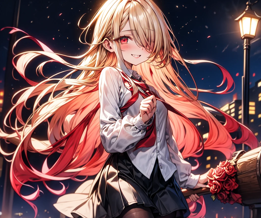 masterpiece, best quality, absurdres, looking at viewer, solo, rita rossweisse (summer night's dream), rita rossweisse, shirt, pantyhose, red rose, red eyes, blonde hair, long sleeves, mole under eye, hair over one eye, frilled shirt, white shirt, seductive smile, (ulzzang-6500:0.8), long hair, day, outdoors black pantyhose