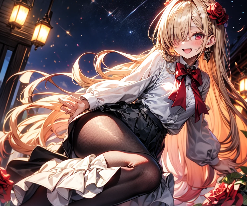 masterpiece, best quality, absurdres, looking at viewer, solo, rita rossweisse (summer night's dream), rita rossweisse, shirt, pantyhose, red rose, red eyes, blonde hair, long sleeves, mole under eye, hair over one eye, frilled shirt, white shirt, seductive smile, (ulzzang-6500:0.8), long hair, day, outdoors black pantyhose
