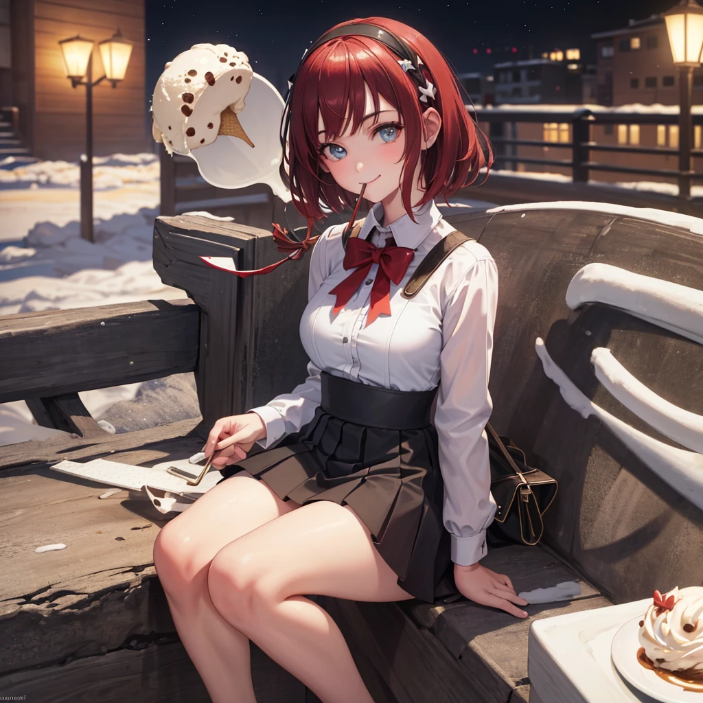(8K, RAW photos, best quality, masterpiece: 1.2), (Practical, photo-Practical: 1.37), Extremely detailed, 1 girl, Lovely, Solitary, Beautiful and detailed sky, Detailed coffee, night, sit, (Red nose), (Smile: 1.1), (mouth close), Medium breasts, Beautiful and delicate eyes, (Collared shirt: 1.1), bow tie, Pleated Skirt, (short hair: 1.2), Long hair, Canadian Ice Cream,