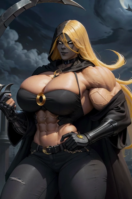 (((Close-up))), tall, (yellow hair) beautiful muscular Latino female grim reaper, long flowing hair, brown skinned, closed smile, large breast, (black lipstick), (massive muscles), (hyper muscle), ((ginormous bulky muscles)), gray eyes, (((black reaper cloak))), (black jeans), ((holding a crescent scythe)), gauntlets, choker, boots, (in a dark realm)