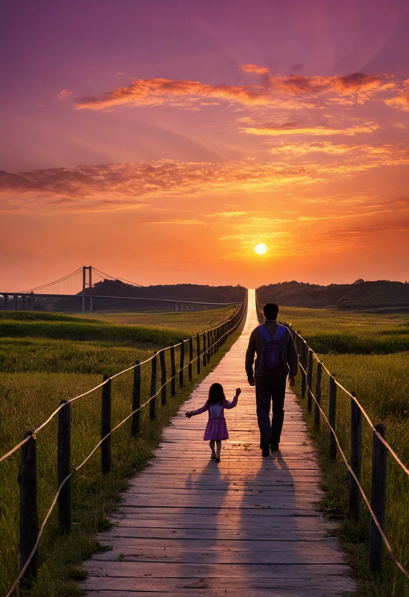 Crooked road.sunset、You can see the bridge、There is short grass growing around、The sky is blue, orange and purple。Beautiful sky. Clear skies.High quality down to the smallest detail. Wonderful landscape .With father8The silhouettes of a man and his daughter, about , walking together can be seen crossing a bridge.