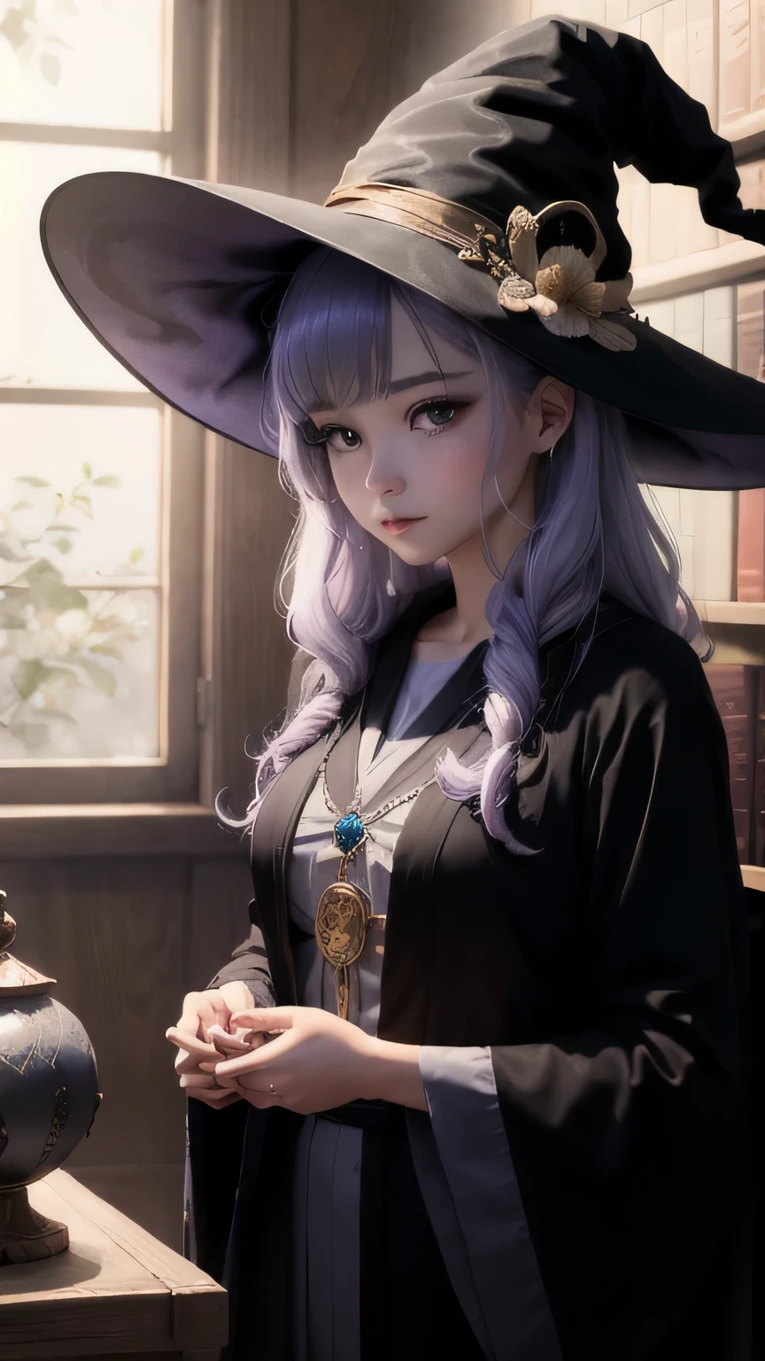 witch、Holding a large round crystal in both hands,Fortuneteller,Look straight ahead,Upper Body、Black Robe、Big round eyes、Perfectly shaped、high resolution、Long, soft light purple hair,Beautiful girl like a doll、Wearing a witch hat、Gentle expression、Looking at the camera,In a room surrounded by bookshelves,Mysterious Light,To be a witch is to be a healer, teacher, seeker, donor, And the protector of all things. If this is your path, Walk with honor, Light and sincerity, All love and light