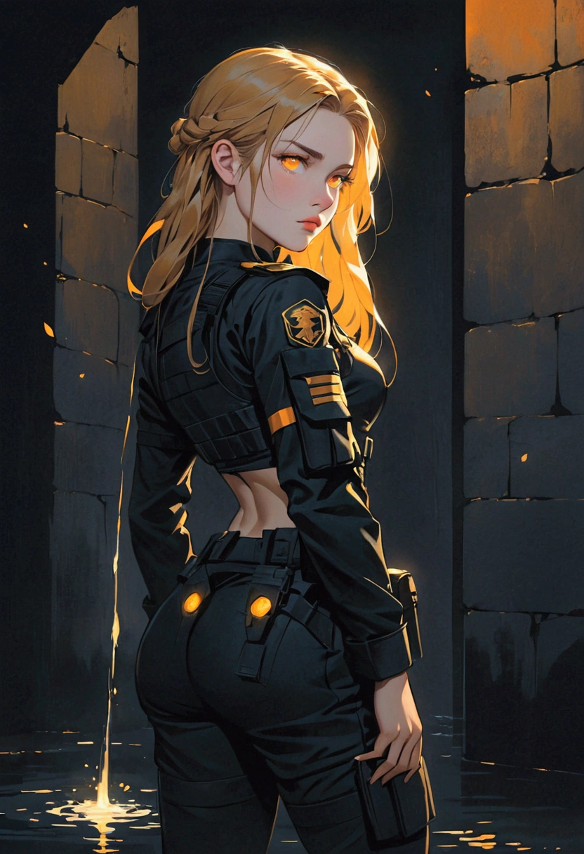 ((best quality)), ((artwork)), In a dimly lit, dark room, a woman with Greek features stands out. Her dark blonde hair cascades down her back like a waterfall of moonlight, and her full lips are pressed into a firm line, giving away nothing. Her light yellow and orange luminescent eyes seem to glow in the darkness, their intensity piercing despite her withdrawn demeanor. She's dressed in a black tactical uniform, its utilitarian design contrasting with her apathetic expression. As she stands, her toned physique appears both powerful and contained, reflecting her reputation for being very dedicated to her mission.