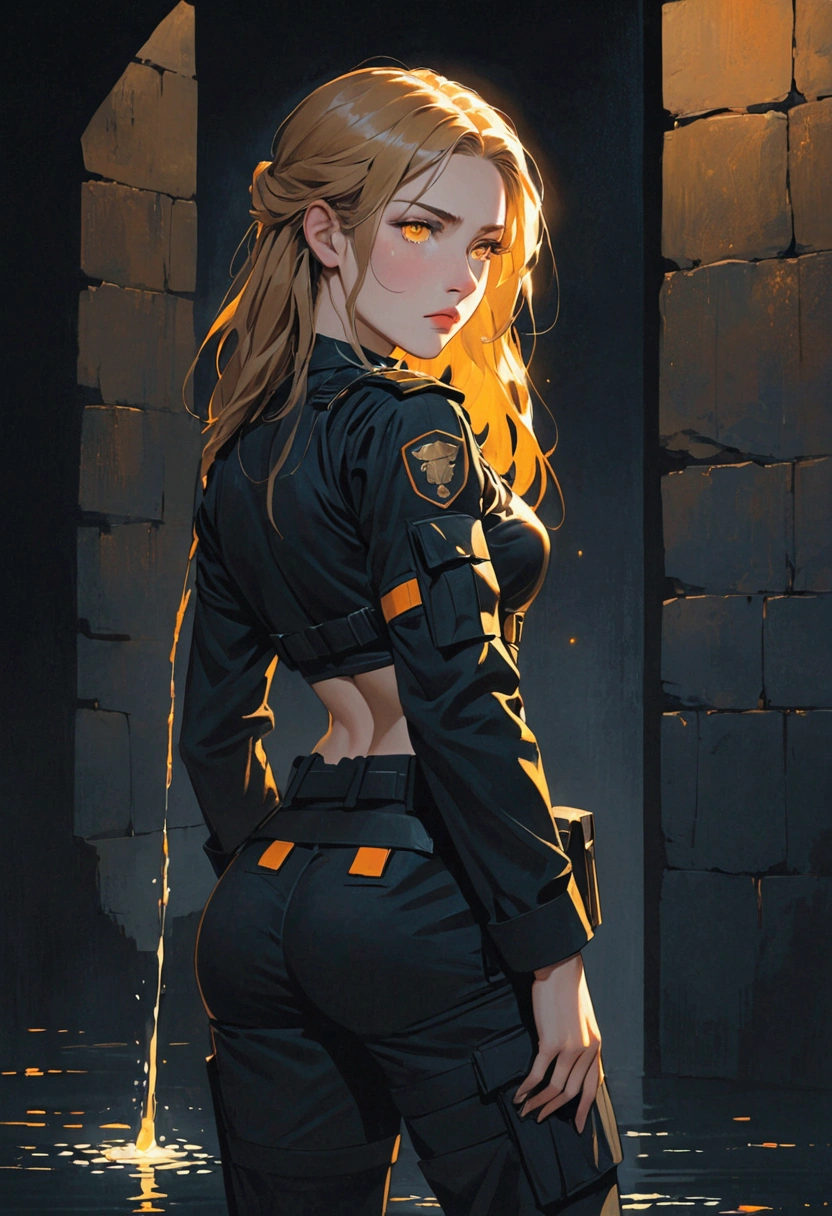 ((best quality)), ((artwork)), In a dimly lit, dark room, a woman with Greek features stands out. Her dark blonde hair cascades down her back like a waterfall of moonlight, and her full lips are pressed into a firm line, giving away nothing. Her light yellow and orange luminescent eyes seem to glow in the darkness, their intensity piercing despite her withdrawn demeanor. She's dressed in a black tactical uniform, its utilitarian design contrasting with her apathetic expression. As she stands, her toned physique appears both powerful and contained, reflecting her reputation for being very dedicated to her mission.