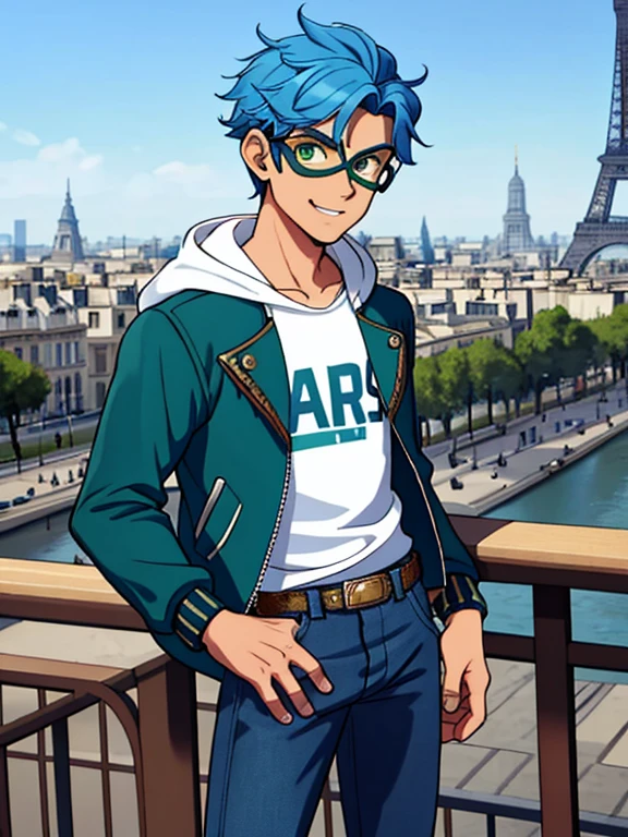 (best quality, masterpiece), solo, 1boy, handsome, 17 years old, athletic, Paris background, cowboy shot, green eyes, jacket hoodie, white t-shirt, blue hair, slight smile, jeans, athletic body, steampunk goggles on head