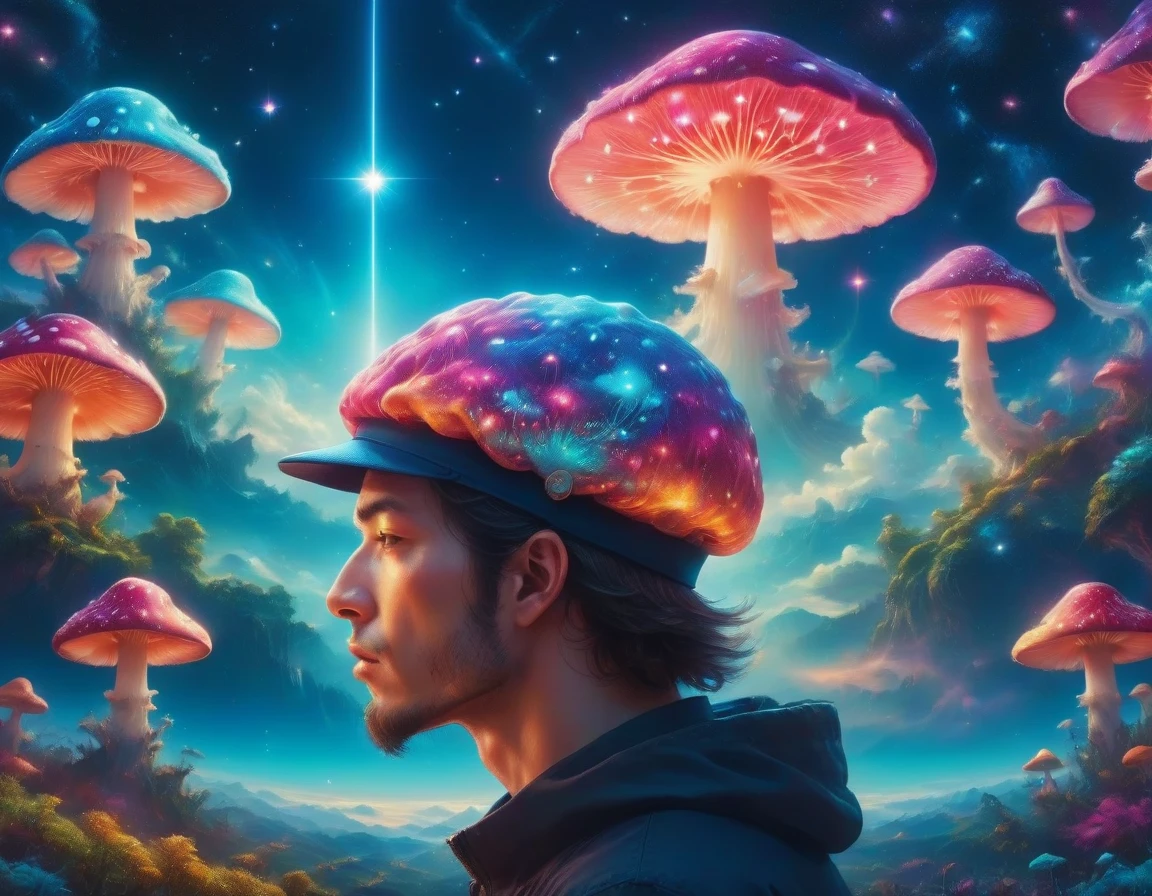 Close-up of a man wearing a mushroom cap, Psychedelic illustration, beeple 和 james jean, Juster Battle, Psychedelic Mushroom Dream, Beeple 和 Jeremiah Ketner, Psychedelic surrealist art, Psychedelic Art, Psychedelic Art风格, Surreal psychedelic design, psychedelic aesthetic, Psychedelic cosmic horror, neon mushrooms, retro Psychedelic illustration, Otherworldly visuals