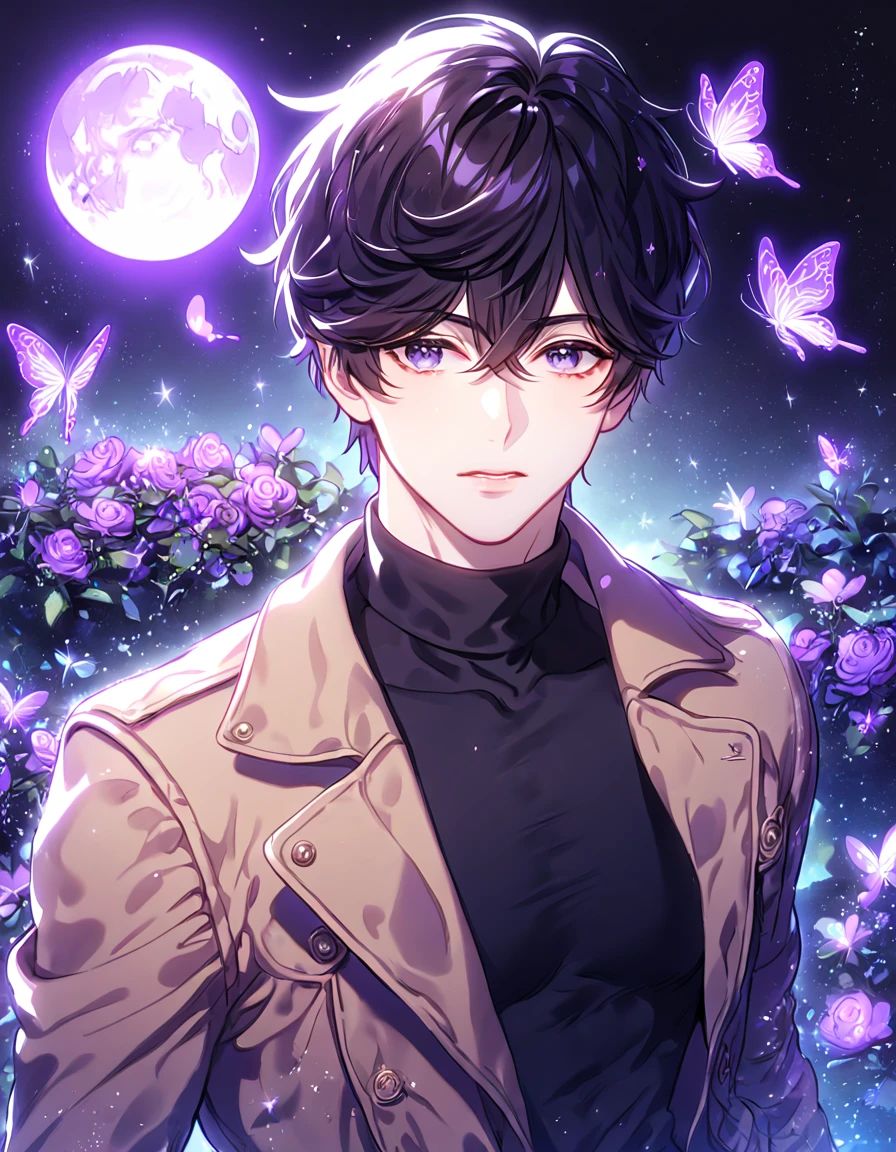 (absurdres, highres, ultra detailed, HDR) master piece, best quality, extremely detailed, delicated features, Han Yoohyun, black hair, expressive gray eyes, The S-Classes That I Raised, solo, sexy man, handsome, sensual, brown coat, black tight turtleneck shirt, fantasy, magical, glittering, shining, purple flames, purple moon, purple flowers, purple butterflies, garden, manly man