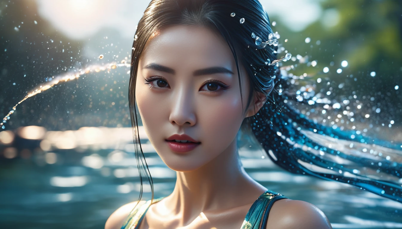 Spectacular water bending shots, in front, Award-winning photo, wuxia, Beautiful Chinese Woman,Focus on the face, Photorealistic eye style, Bokeh,Surrealistic illustration style, Super detailed, Cinematic Screenshots Unreal Engine, Zbrush3DアートVray,Glow Particles,Post Effects,Optical flare --niji 5 --style expressive --s 400