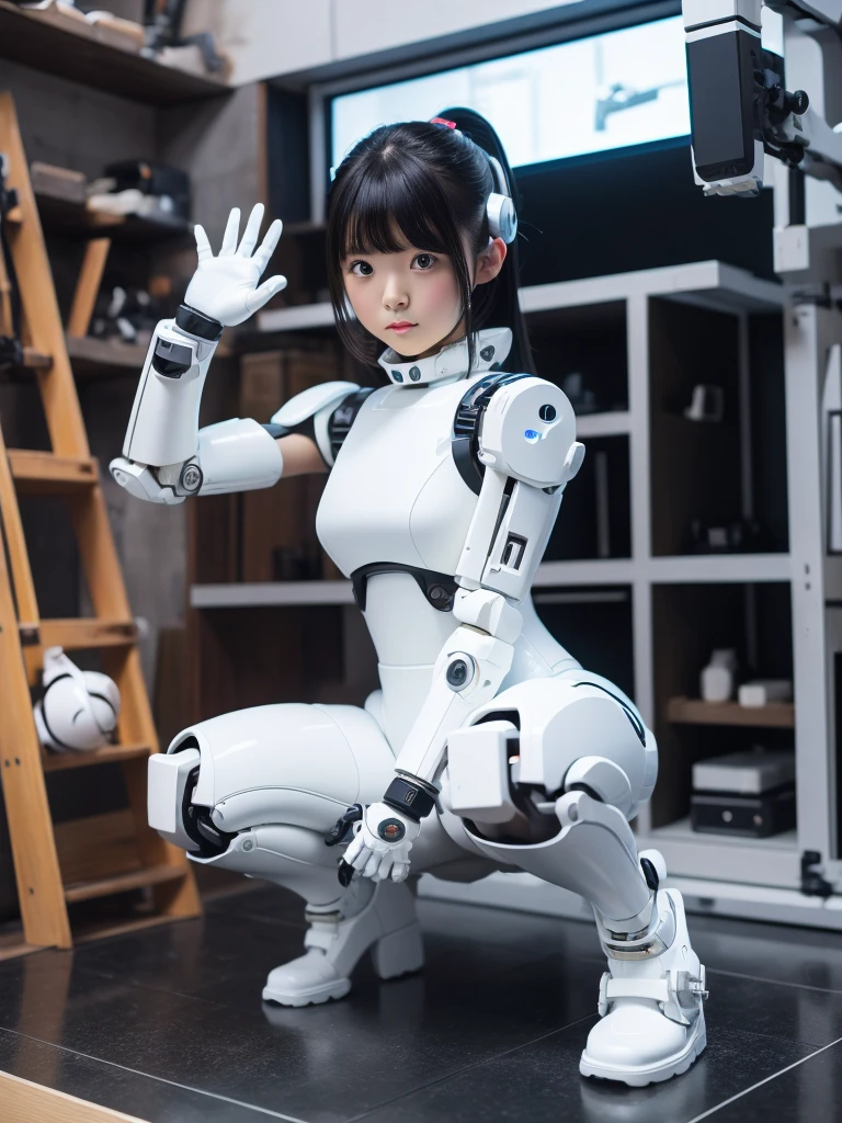 masterpiece, Highest quality, Very detailed, Japanese Android Girl,Plump,Control panel,Squat,Mechanical Hand,Robotic arms and legs, Black sponge joint,Blunt bangs,White robot body,Ceramic body,White Long Boots,Perfect Cyborg Girl,