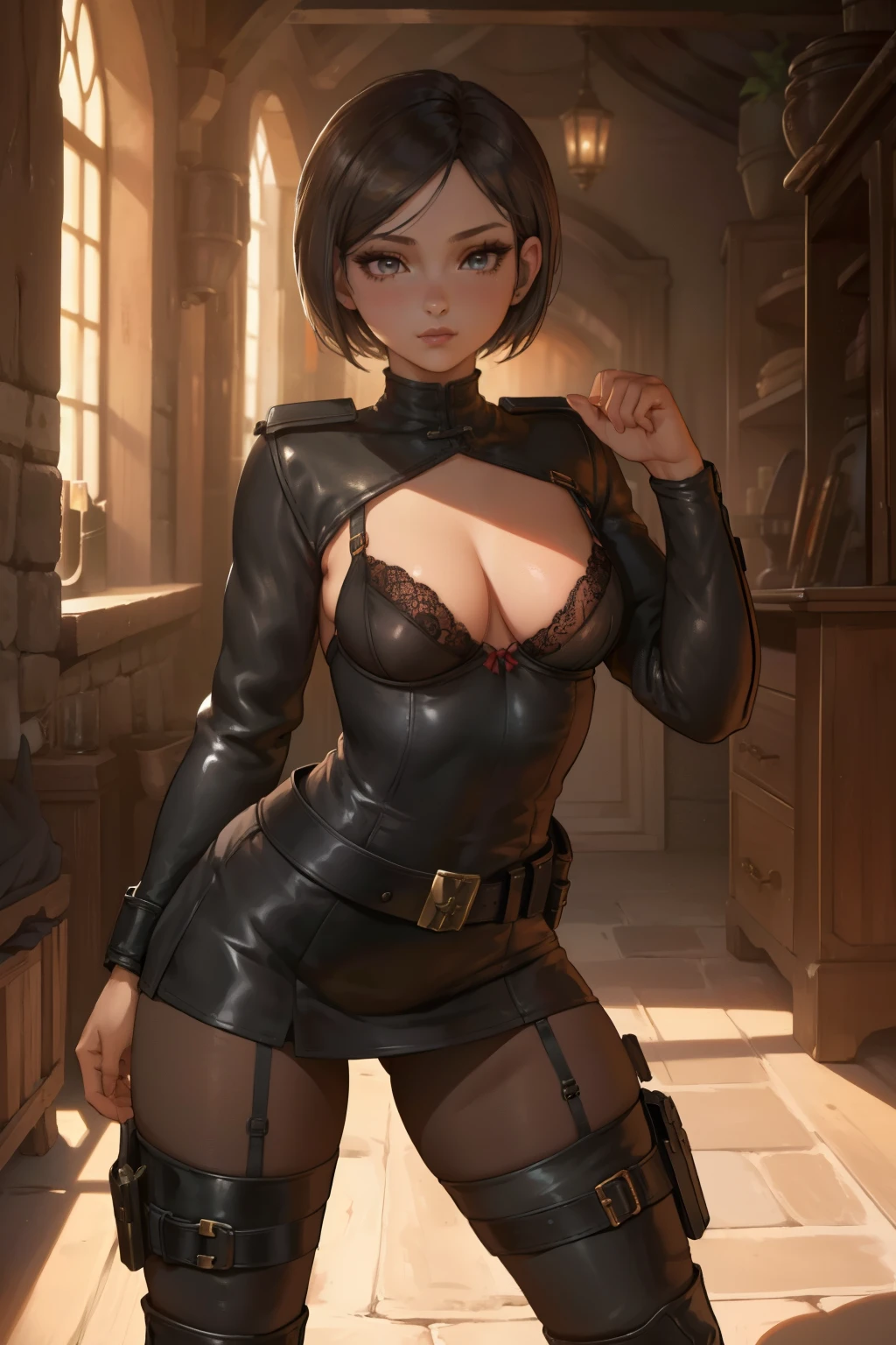 1 girl,(solo),(high-level image quality,hight quality,hight resolution,detaileds,(masterpiece),(There are mature and beautiful women),(Small:1.2),The pose is so cute and nice,thicc figure, looking at viewer, Detailed eyes, perfect face, perfect eyes, Detailed face, tight red dress, eyeliner, lipstick, tactical belt,Ada Wong, (pantyhose), cleavage, lace bra,fine detailed eyes,(medieval village yard),(tactical belt),(thigh high leather boots),long shot, teenage girl