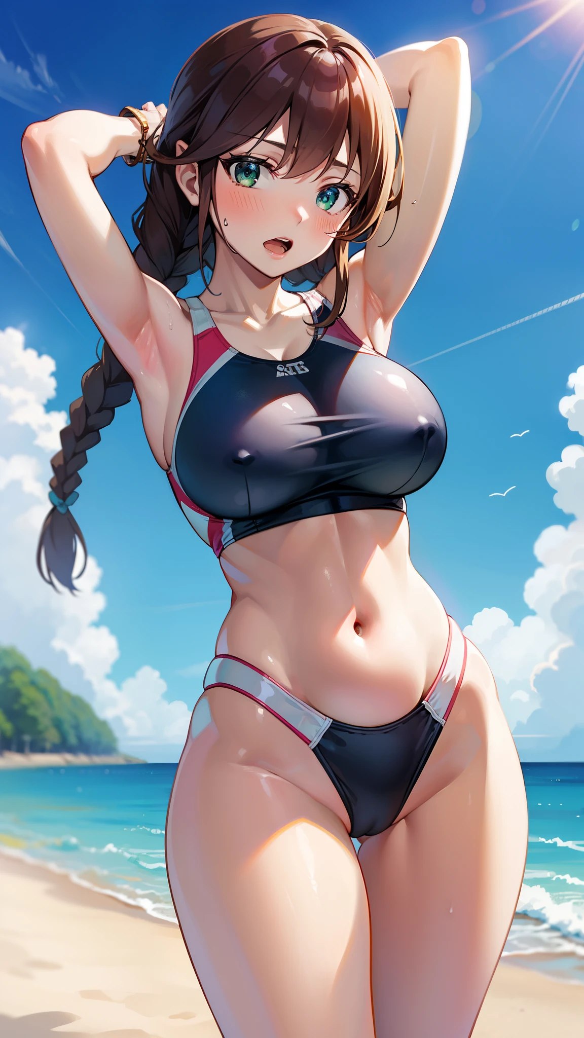 ,Open mouth, large breasts,wide hips,,twin braids,brown hair,long hair,blush,,standing,cowboy shot,navel,Bright glossy screen,,brown hair,,open mouth, ,,huge breasts,,narrow waist,navel,beach,competition swimsuit,arms up,armpits