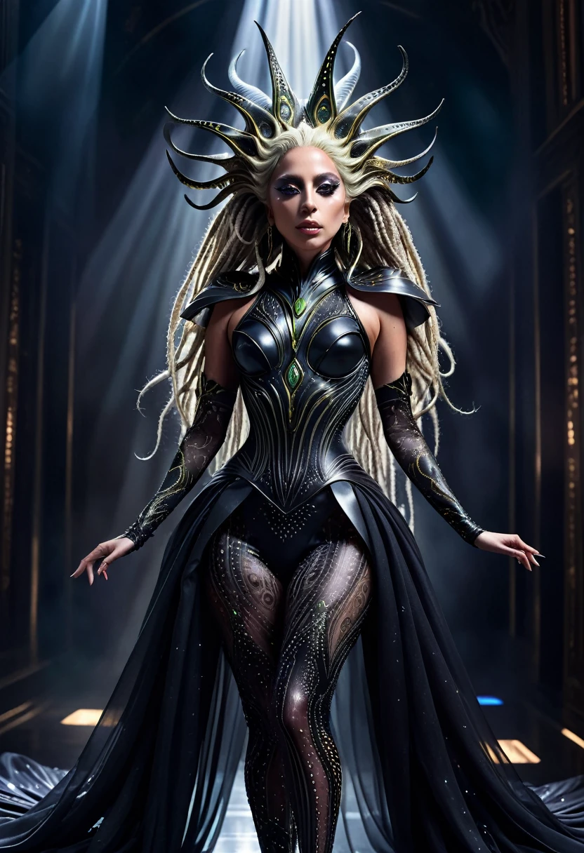 a cosmic goddess lady gaga in dark sheer alien costume, detailed intricate pattern on costume, dreadlocks hairstyle, alien legs, dramatic dramatic dark moody lighting, dramatic contrast, cinematic composition, highly detailed, photorealistic, 8k, masterpiece