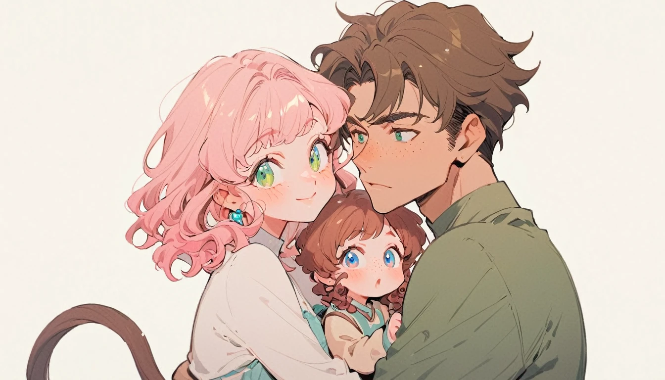 ((height difference)), Illustration style, cartoony, love, couple, (masterpiece, best:1.0), ((couple)), ((one man)), ((one woman)), two people, One male (brown shaggy hair, brown rattail hair, 3:7 ratio) (green eyes), One female (pink curly hair) (blue eyes) freckles, 1 male 1 female