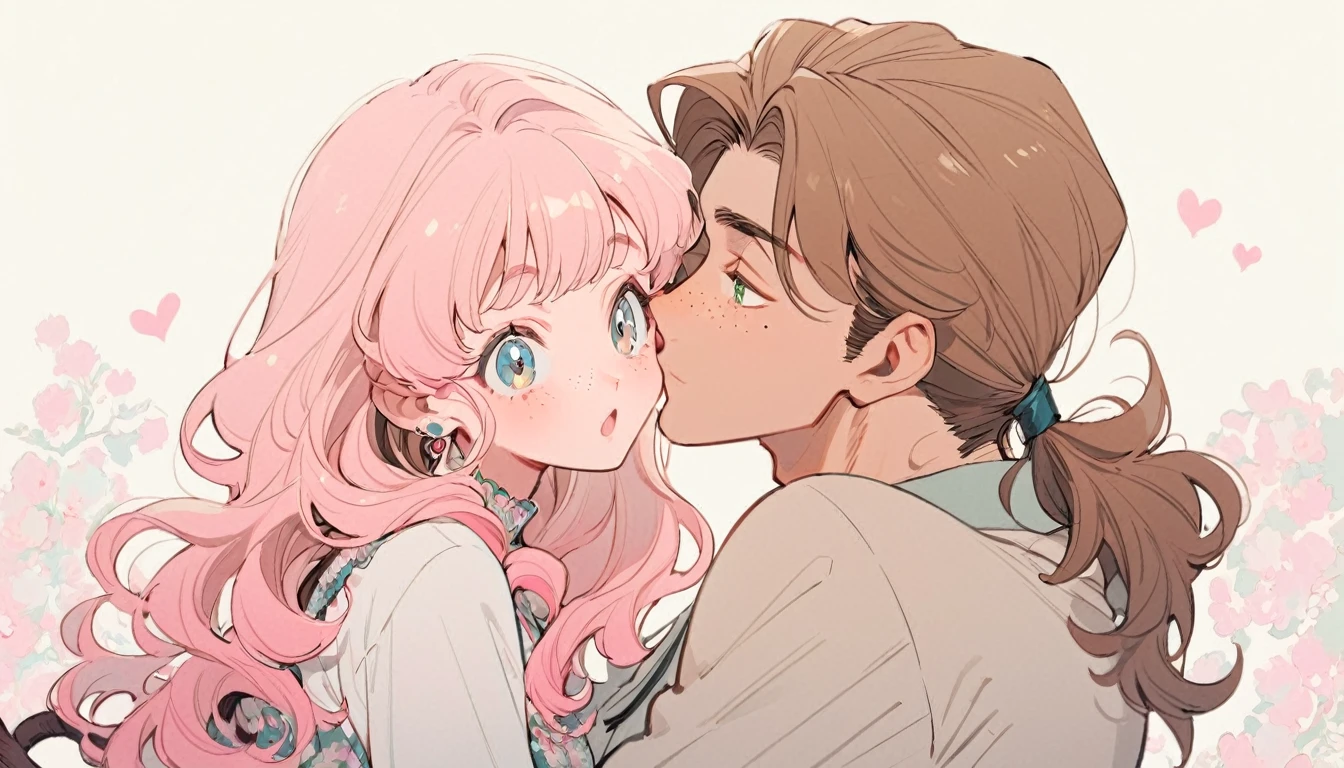 ((height difference)), Illustration style, cartoony, love, couple, (masterpiece, best:1.0), ((couple)), ((one man)), ((one woman)), two people, One male (brown shaggy hair, brown rattail hair, 3:7 ratio) (green eyes), One female (pink curly hair) (blue eyes) freckles, 1 male 1 female