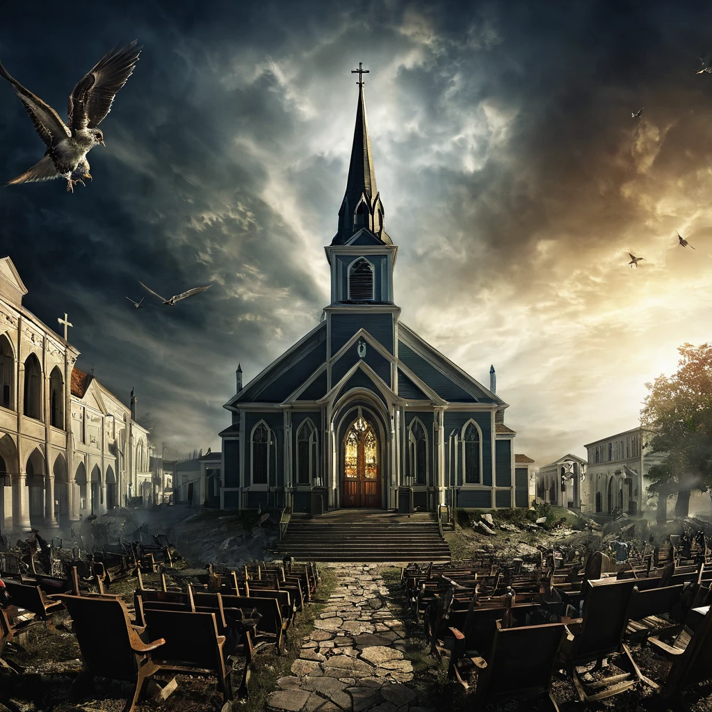 create an image for the cover of a Christian music album called The 7 Churches of the Apocalypse, ultra-realistic and detailed, cinematographic
