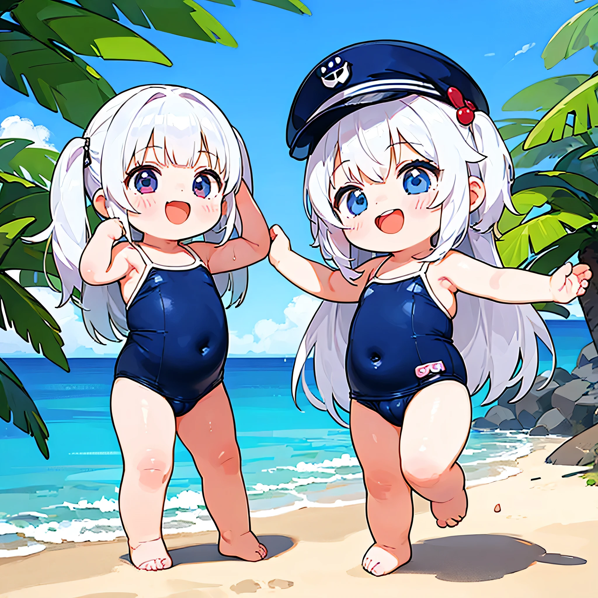 (toddler girl:1.5),chibi,2girls,long white hair,navy blue swimsuit,beach,standing,laughing
