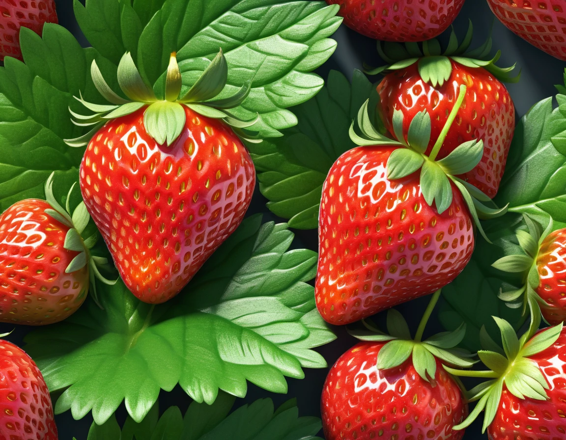 a strawberry, photorealistic, ultra-detailed, 8k, hyperrealistic, extremely detailed, intricate details, vibrant colors, glossy surface, lush green leaves, natural lighting, close-up view, studio lighting, flawless texture, high resolution, 3D render, crisp focus, beautiful gradient, seamless blend, natural shadows, depth of field