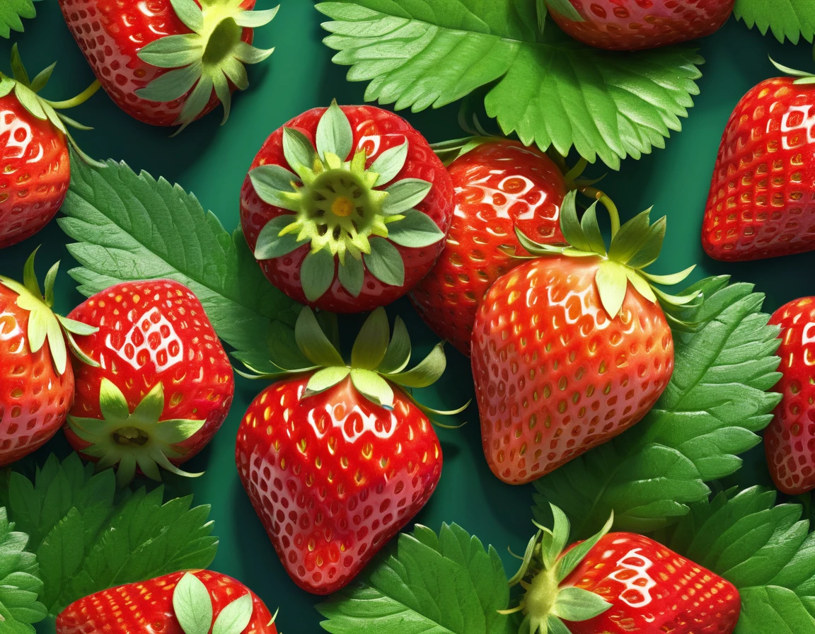 a strawberry, photorealistic, ultra-detailed, 8k, hyperrealistic, extremely detailed, intricate details, vibrant colors, glossy surface, lush green leaves, natural lighting, close-up view, studio lighting, flawless texture, high resolution, 3D render, crisp focus, beautiful gradient, seamless blend, natural shadows, depth of field