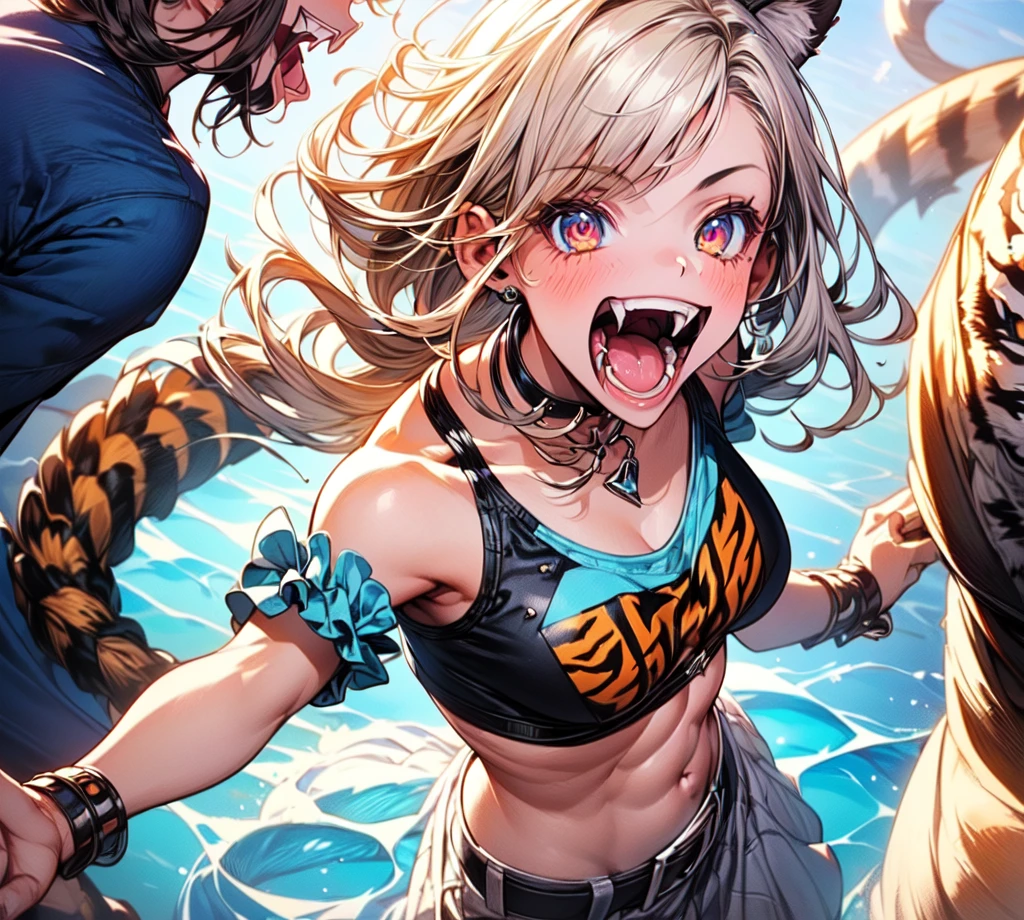 ((Best Quality, 8K, Masterpiece: 1.3)), ((1girl:1.5)), Slim Abs Beauty: 1.3, Casual Hairstyle, (Blue Long Group: 1.5), Super Fine Face, Delicate Eyes, Double Eyelids, Smile, (Showing Tiger Teeth: 1.2), Dancing
