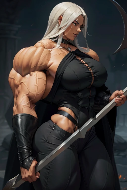 (((Close-up))), tall, (black hair) beautiful muscular female grim reaper, long straight hair, brown skinned, closed smile, large breast, (black lipstick), (massive muscles), (hyper muscle), ((ginormous bulky muscles)), orange eyes, (((black reaper cloak))), (black jeans), ((holding a crescent scythe)), gauntlets, choker, boots, (in a dark realm)