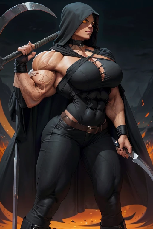 (((Close-up))), tall, (black hair) beautiful muscular female grim reaper, long straight hair, brown skinned, closed smile, large breast, (black lipstick), (massive muscles), (hyper muscle), ((ginormous bulky muscles)), orange eyes, (((black reaper cloak))), (black jeans), ((holding a crescent scythe)), gauntlets, choker, boots, (in a dark realm)