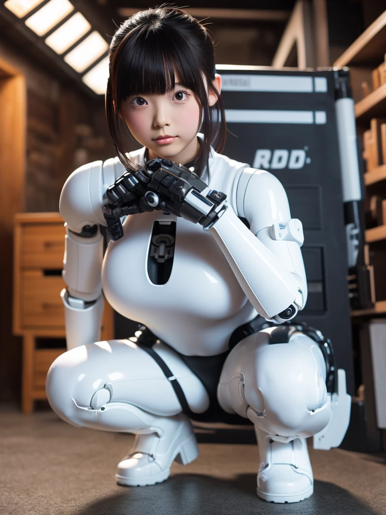 masterpiece, Highest quality, Very detailed, Japanese Android Girl,Plump,Control panel,Squat,Mechanical Hand,Robotic arms and legs, Black sponge joint,Blunt bangs,White robot body,Ceramic body,White Long Boots,Perfect Cyborg Girl,Chubby,