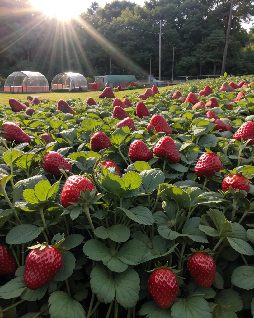a strawberry,strawberry field,strawberry field with sunlight,glowing strawberries,ripe strawberries,strawberry patch,strawberry plants,fresh strawberries,strawberry farm,strawberry bushes,strawberry leaves,strawberry flowers,strawberry vines,strawberry greenhouse,strawberry greenhouse interior,strawberries in baskets,strawberries on wooden table,strawberries in sunlight,detailed strawberries,hyper realistic strawberries,photorealistic strawberries,(best quality,4k,8k,highres,masterpiece:1.2),ultra-detailed,(realistic,photorealistic,photo-realistic:1.37),HDR,UHD,studio lighting,ultra-fine painting,sharp focus,physically-based rendering,extreme detail description,professional,vivid colors,bokeh