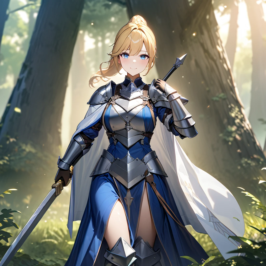 A woman wearing blue tunic with golden sword designs, wearing medieval armor, silver metal bracelet, silver metal boots, wearing a white cape, blonde hair, ponytail hair with braid, blue eyes, smiling, holding a sword of metal, standing upright, in an open field of a forest, HMS_HOOD, Azur_lane. place during the day, smiling, perfect face.,UHD, prime work, accurate, anatomically correct, textured skin, super details, high quality, best quality, 8k, high resolution, bokeh effect . (woman alone), close view.
