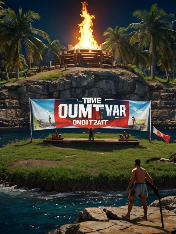 The survivor tv show island with a banner saying “Outwit, Outlast, Outplay”