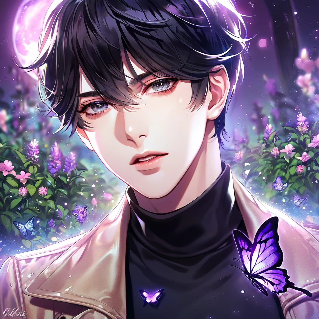 (absurdres, highres, ultra detailed, HDR) master piece, best quality, extremely detailed, delicated features, Han Yoohyun, black hair, expressive gray eyes, The S-Classes That I Raised, solo, sexy man, handsome, sensual, brown coat, black tight turtleneck shirt, fantasy, magical, glittering, shining, purple flames, purple moon, purple flowers, purple butterflies, garden