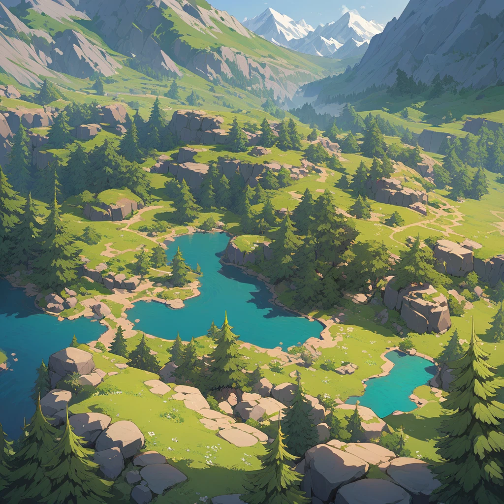 Create a set of tileable game art elements in a 3/4 perspective, including mountains, detailed trees, and other environmental features. The art should have:

Tileable Mountains: Design seamless, tileable mountain tiles with diverse shapes and elevations, including peaks, ridges, and valleys. Ensure the mountains have rich textures with rocky surfaces and subtle details. Use vibrant colors to depict different mountain zones, such as lush green forests at lower elevations, rocky gray peaks, and snowy caps at the highest points.

Detailed Trees: Include various types of trees with detailed, vibrant foliage and bark textures. The trees should vary in shape and size to add visual interest. Ensure the tree tiles are designed to seamlessly tile in a 3/4 perspective, maintaining continuity and coherence when repeated.

Environmental Elements: Add other environmental features like grass, rocks, and small shrubs, all in a 3/4 perspective. These elements should also be tileable and designed to blend smoothly with the mountains and trees. Use vibrant colors to highlight different areas, such as bright green grass, colorful wildflowers, and varied rock textures.

Lighting and Shadow: Incorporate dynamic lighting and shadow effects to enhance depth and dimension, making the elements visually appealing in a game setting.

The resulting tiles should be visually vibrant, seamlessly tileable, and suitable for creating expansive, detailed game environments with a 3/4 perspective.