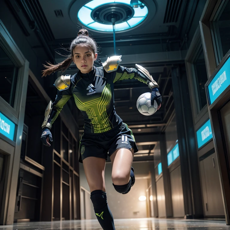 Female soccer player in futuristic armor running with a ball