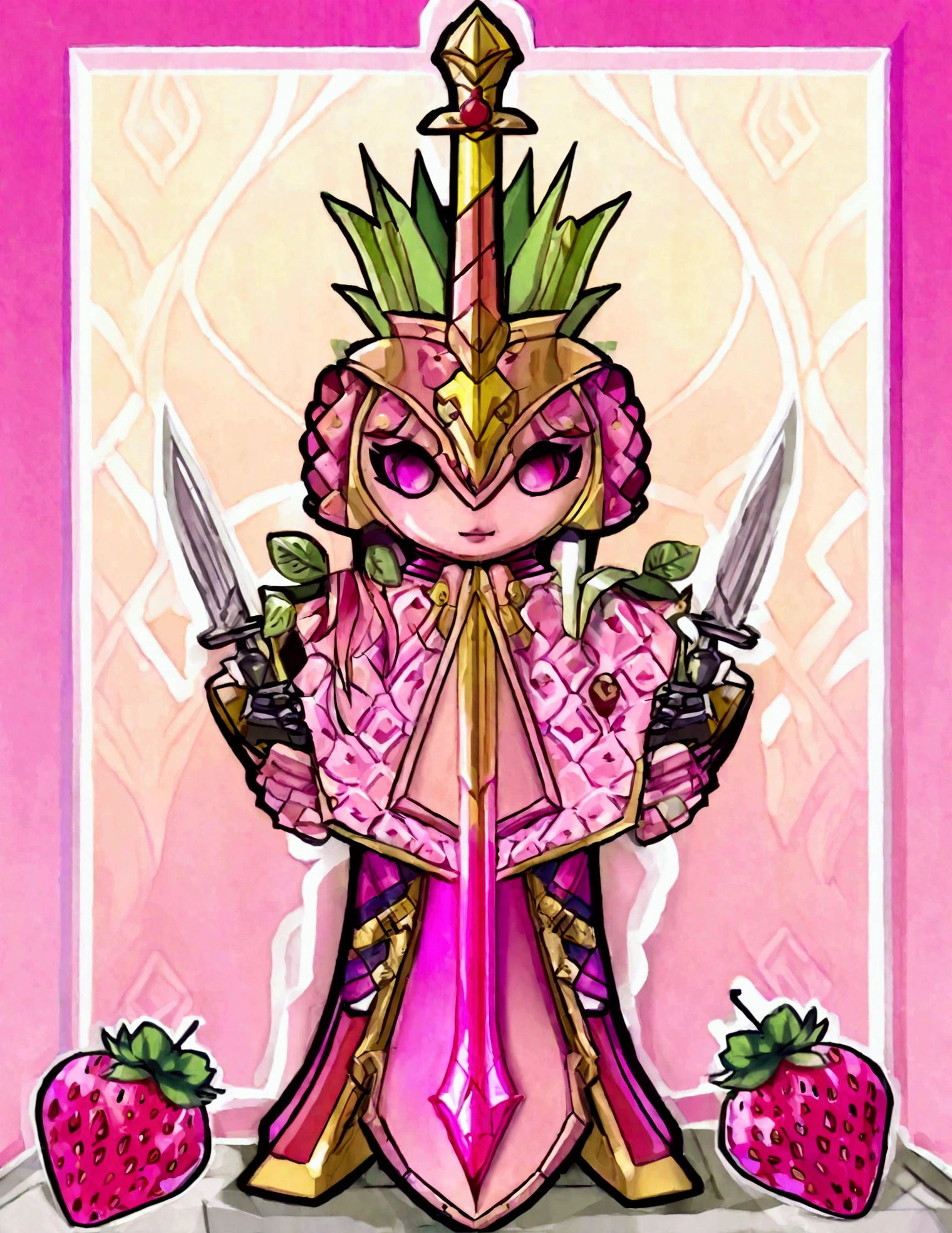 A Strawberry Knight (female, strawberry like face, strawberry themed and decorated plate mail (electric pink tint), strawberry decorated sword) standing at attention by the pineapple king, fruit salad city medieval themed