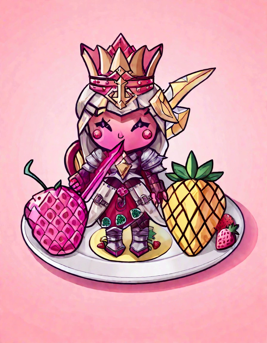 A Strawberry Knight (female, strawberry like face, strawberry themed and decorated plate mail (electric pink tint), strawberry decorated sword) standing at attention by the pineapple king, fruit salad city medieval themed