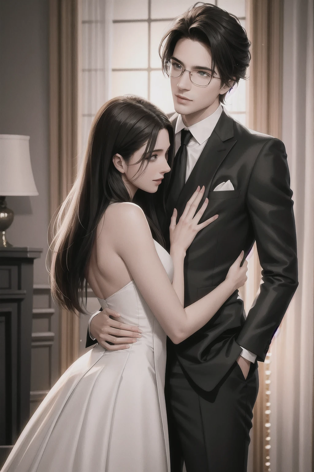 best quality,realistic,Man in a suit,Beautiful woman,hug from behind,Seamless Interaction,detailed facial features,gentle expression,Stylish background settings,Romantic atmosphere,warm lighting,vivid colors,professional photography,soft focus,blurred background,subtle elegance,artistic composition,high resolution,love and affection,lover,Emotional connection,hug,whispering sweet words,deep bond,passionate love,attractive couple,Intimate moments,classy attire,stylish couple,stylish couple,confident posture,expressive eyes,subtle smile,Gentle Touch,natural beauty,Sophisticated charm,Confident body language,attractive couple,elegant pose,whispering secrets