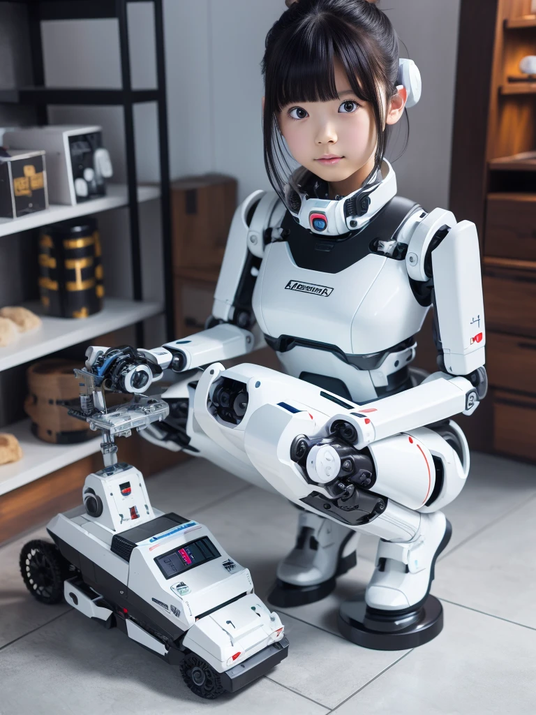 masterpiece, Highest quality, Very detailed, Japanese Android Girl,Chubby,Control panel,Squat,Mechanical Hand,Robotic arms and legs, Black sponge joint,Blunt bangs,White robot body,Ceramic body,White Long Boots,Perfect Cyborg Girl,