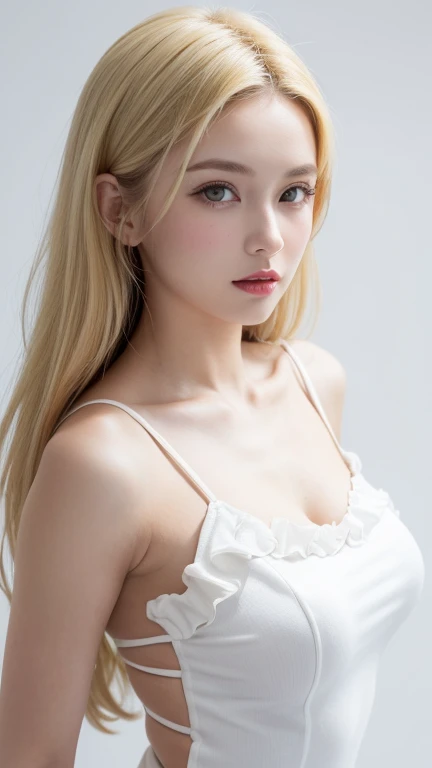 (((forehead、Blonde、Northern Europe、Caucasian、beautiful girl、Blonde、White background、Sexy clothing)))、On the table, best quality, number, Very detailed, Finely, high resolution, 8k wallpaper, Perfect dynamic composition, Delicate and beautiful eyes, Decompression,Blonde, Medium Length Hair, Super big breasts, Natural lipstick,White background, Casual cute pose,Ruffle dress