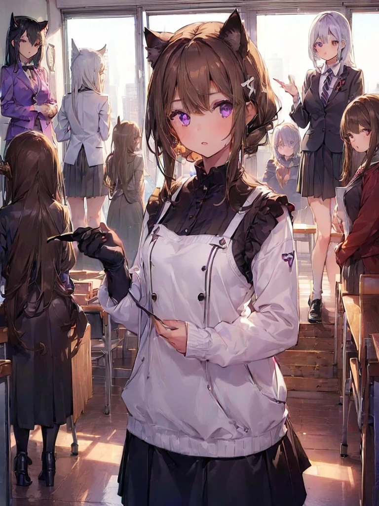 ((((((four girls, diverse species)))))), school, classroom, (black hair), blond, (((light brown))), standing, silver, short, long, face, (((monster girls, fairy))), (devil, demon), cat girl, white skin, purple skin, black skin, monster skin, multiple, ((dragon girls)),