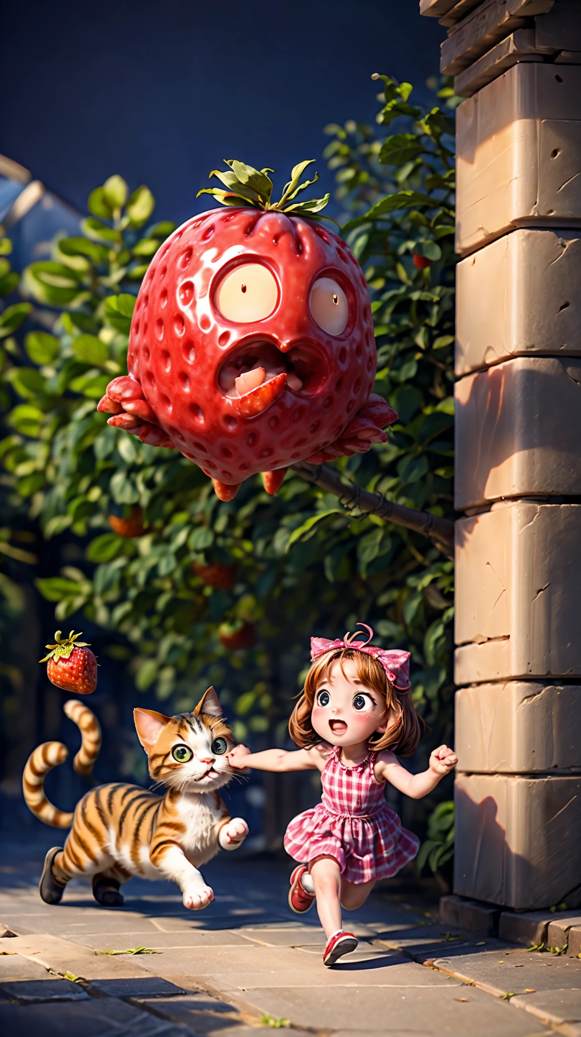 A large strawberry with a girl's face and limbs, running away from a cat before being eaten