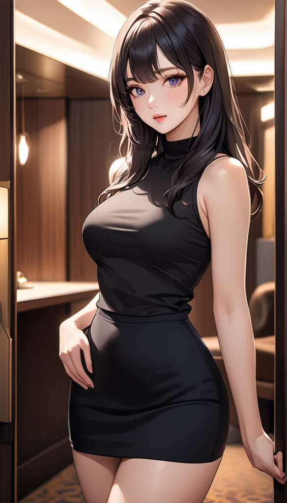 masterpiece, high resolution, beautiful woman, Korean Beauty, 30 years old, black sleeve less sweater, mini pencil skirt, beautiful woman, night hotel, standing and looking at me, high resolution face, (high resolution eyes), black hair, little curvy