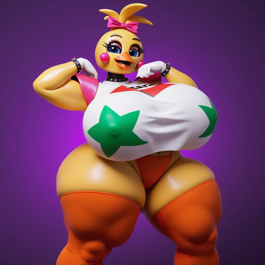 Glamrock Chica (Five Nights at Freddy's: Security Breach)  score_9, score_8_up, score_7_up. huge  quality, massive breasts, very thick thighs, thigh highs, (solo) female, thicc, violet background, simple background, (gigantic curvy:1.2), massive breasts, very thick thighs, ultra detailed. forest 