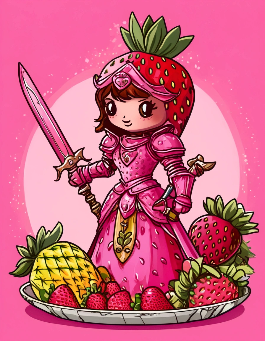 A Strawberry Knight (female, strawberry like face, strawberry themed and decorated plate mail (electric pink tint), strawberry decorated sword) standing at attention by the pineapple king, fruit salad city medieval themed