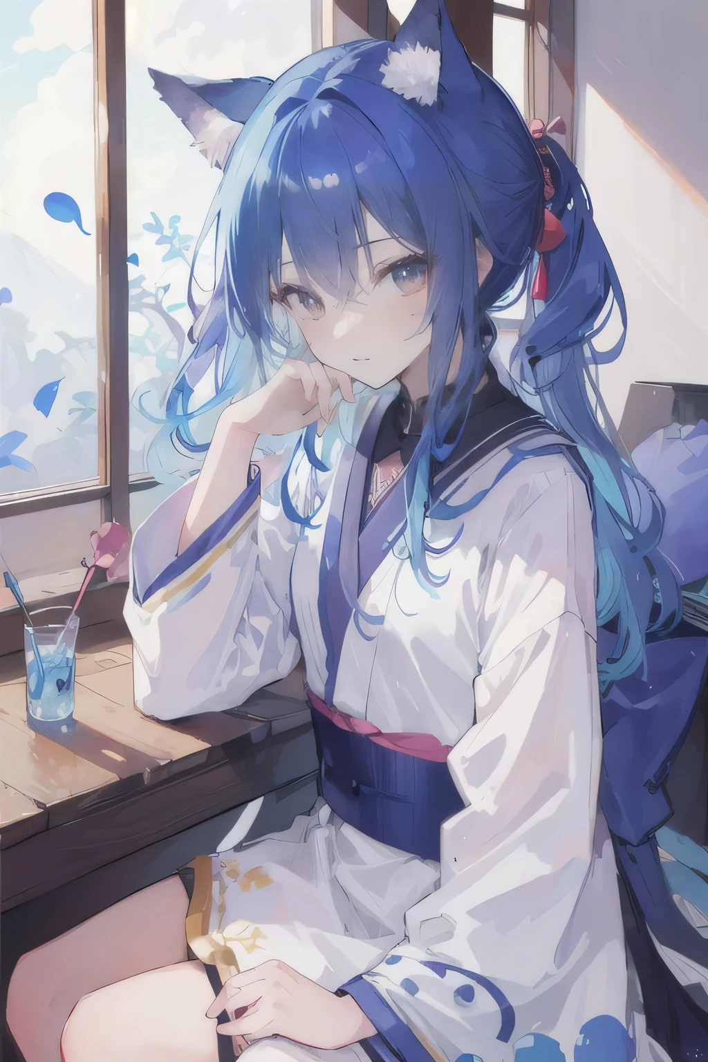 (Masterpiece:1.2),Ultra-detailed,lifelike,The eyes are expressive,Fair skin,Perfect face shape,1 girl,Japanese Manga,Gorgeous blue hair,Flowing blue hair,Flowing clothes,Cat ears,Petals falling,Shy face,sitting on window,Place your hand on your lips.