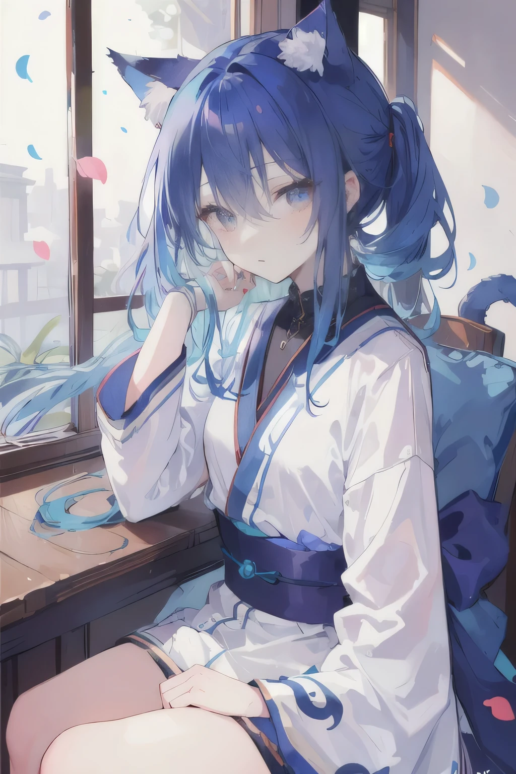 (Masterpiece:1.2),Ultra-detailed,lifelike,The eyes are expressive,Fair skin,Perfect face shape,1 girl,Japanese Manga,Gorgeous blue hair,Flowing blue hair,Flowing clothes,Cat ears,Petals falling,Shy face,sitting on window,Place your hand on your lips.