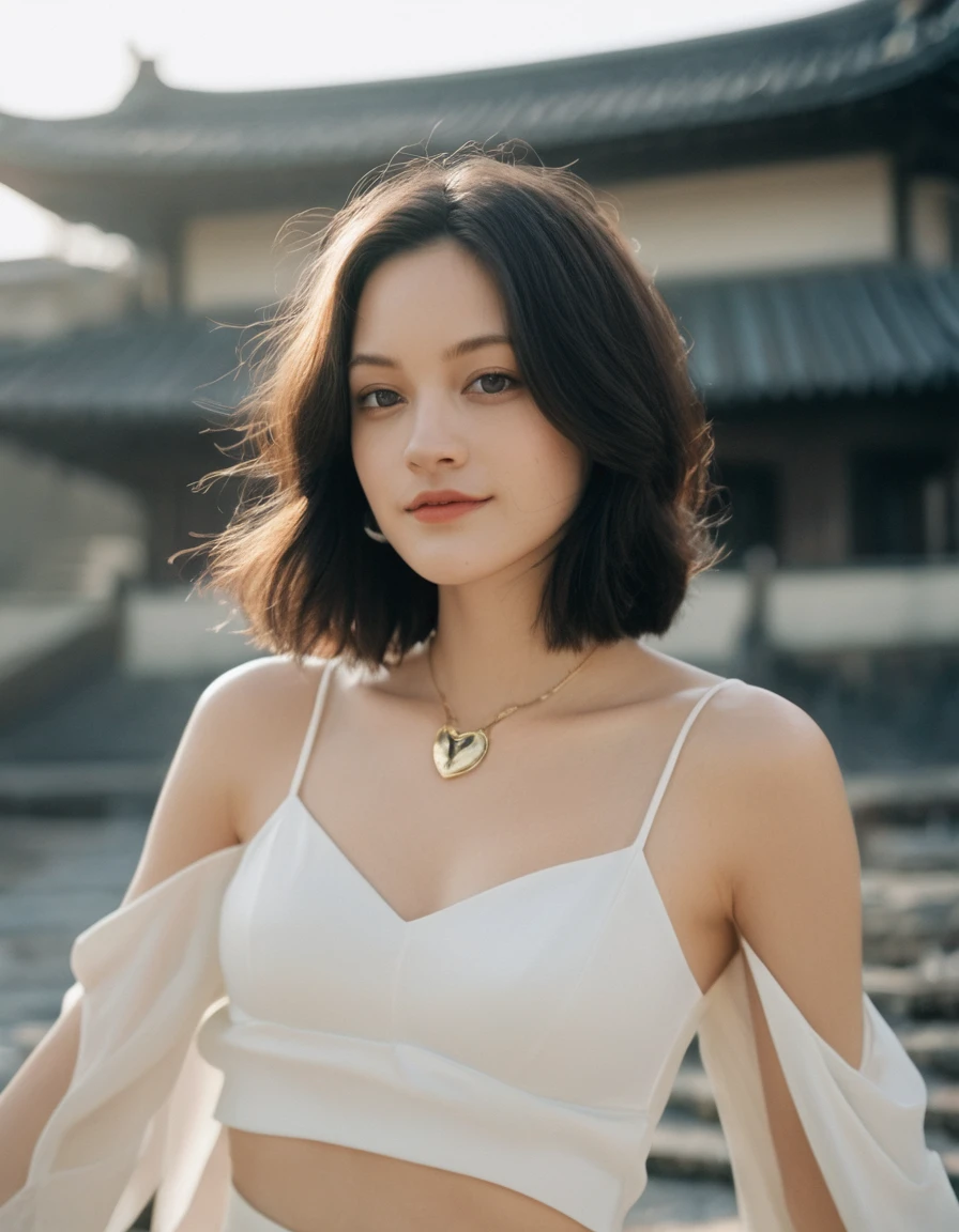 xxmixgirl, quite a bit body of a beautiful long and slender cute face Japanese girl, A gorgeous young cute asian woman in a sexy goddess outfit, happy smiling, still from the film, ((young Marion Cotillard face : 1.2)), ((young Anne Hathaway face: 1.0)), from front, realistic portrait photo of a cute 21 years old girl, looks at viewer, wavy nose, full lips, natural skin, skin moles,(cinematic, film grain:1.1), ((asian winged eyes, very long and slender slim face, windy tousled, very long straight black hair)), pretty eyes, gorgeous, sexy, alluring, makeup, perfect face, seductive look, gold hair, dark skin, (big lips:0.6), pauldron, white shirt, sleeves, white pants, cravat, blue cape, small breasts, green eyes, indoors, castle, dark eyebrows, annoyed, smug, detailed, confident, toned body, belts, duelist, elegant, fancy clothing, (close up:1.2), (Leica SL3, Summicron-SL 75 f/2 ASPH, kodak Ektar 200 film), hands up, bokeh, silhouette, shallowed depth of field, dynamic action pose, hands up,
