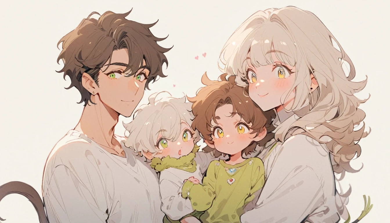 ((height difference)), Illustration style, cartoony, love, couple, (masterpiece, best:1.0), ((couple)), ((one man)), ((one woman)), two people, One male (brown shaggy hair, brown rattail hair, 3:7 ratio) (green eyes), One female (white bob hair with fringe) (yellow eyes), 1 male 1 female