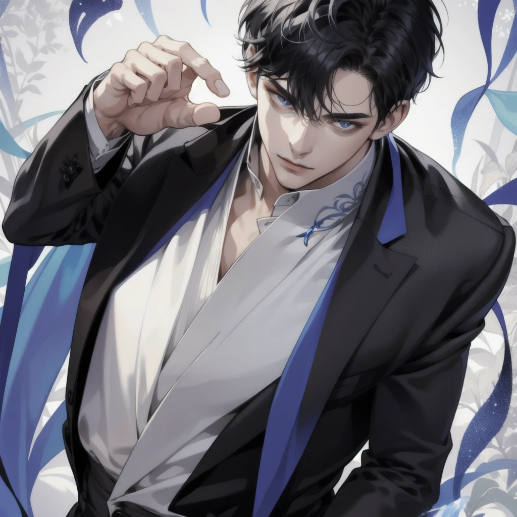 handsome man wearing fancy clothes, portrait, manhwa style, black hair, blue eyes, cool, (Extremely Delicate and Beautiful:1.2), 8K ,(Masterpiece:1.0),(best_quality:1.0), 1boy, mature man, complex details, enlarged textures, complex details, finely detailed eyes and detailed face, intricate details, (closed mouth), perfect eyes, equal eyes, (goddess), perfect body, extremely detailed