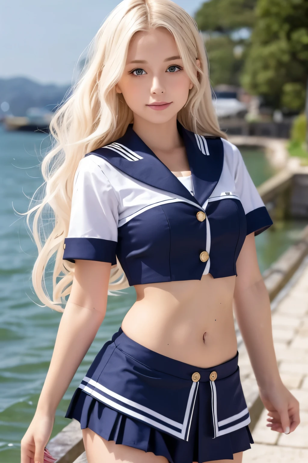 A beautiful German girl with platinum blonde wavy hair that reaches down to her waist About 8 Sailor suit with exposed belly button