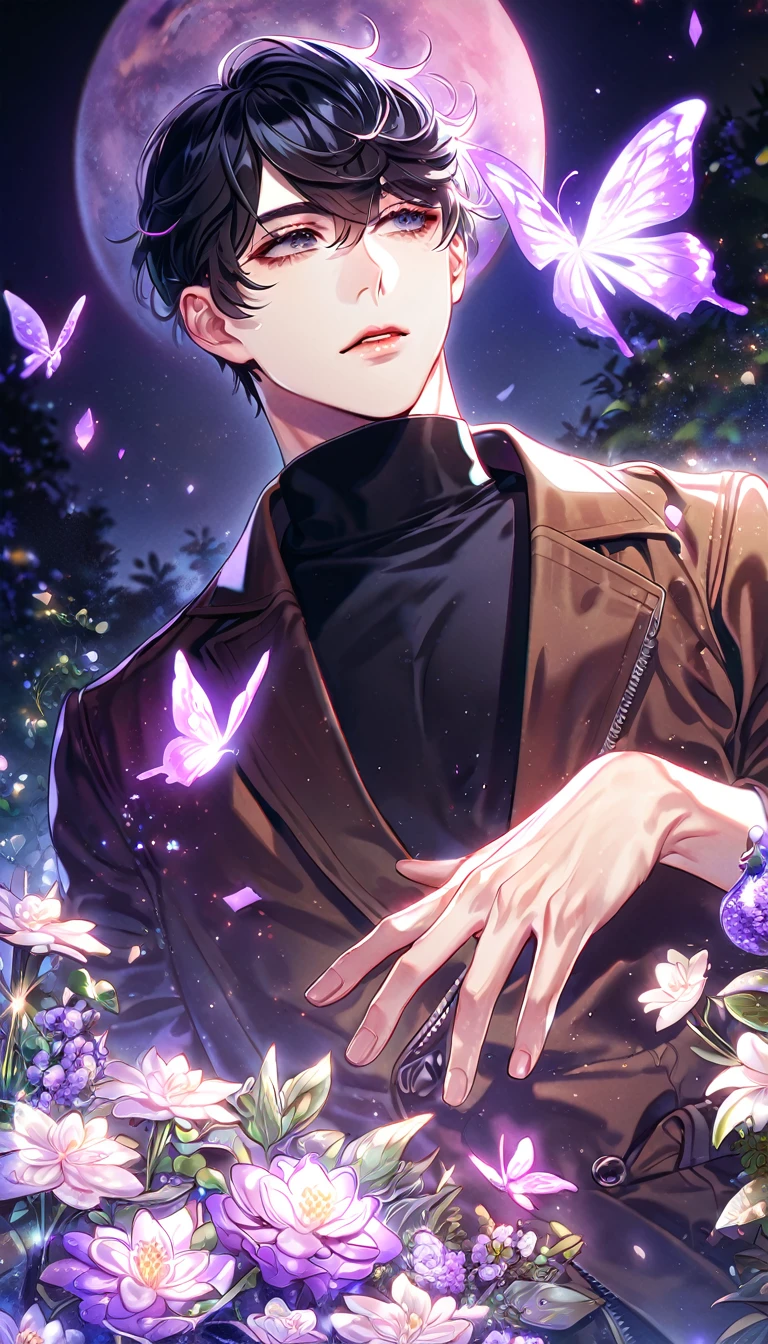 (absurdres, highres, ultra detailed, HDR) master piece, best quality, extremely detailed, delicated features, Han Yoohyun, black hair, expressive gray eyes, The S-Classes That I Raised, solo, sexy man, handsome, sensual, brown coat, black tight turtleneck shirt, fantasy, magical, glittering, shining, purple flames, purple moon, purple flowers, purple butterflies, garden