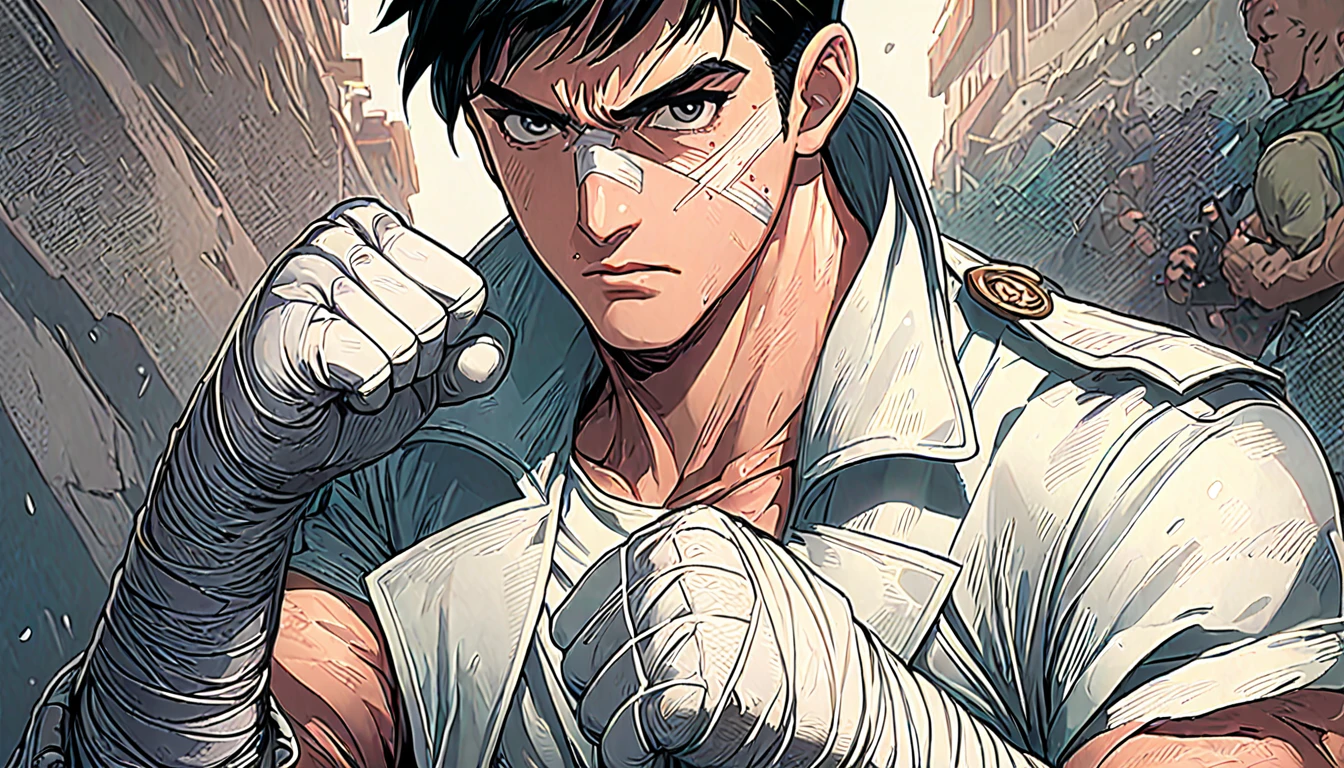 a close-up of a man with bandages on his hands, john romita senior, João Parque, Jason Fabok, frank for, cliff chiang, Jason Fabok. Greg Staples, kentaro miura manga art style, kentaro miura manga style, Kim Jung what, profile pic, in fighting position, josan gonzales!!!, Eng Killian